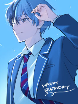 1boy aoyagi_touya arm_up blazer blue_hair blue_jacket blue_necktie blue_sky blue_theme breast_pocket clear_sky closed_mouth collared_shirt commentary_request day grey_eyes happy_birthday isamu jacket kamiyama_high_school_uniform_(project_sekai) lapels long_sleeves looking_ahead mole mole_under_eye multicolored_hair necktie notched_lapels open_clothes open_jacket outdoors pocket project_sekai school_uniform shirt short_hair sky solo split-color_hair striped_necktie two-tone_hair upper_body watermark white_shirt