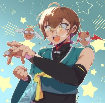 Rule 34 | + +, 1girl, ahoge, angel wings, black shirt, brown eyes, brown hair, collared shirt, commentary, demon horns, demon wings, detached sleeves, egg, green background, green kimono, hair between eyes, halo, highres, holding, holding mahjong tile, horns, indie virtual youtuber, japanese clothes, kimono, looking ahead, lovelymomo, mahjong, mahjong tile, medium hair, open mouth, rectangular eyewear, ribbon, round eyewear, shirt, signature, single wide sleeve, socialllinks, solo, star (symbol), teeth, traditional halo, upper teeth only, wings, yellow ribbon