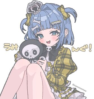 Rule 34 | 1girl, black bow, black bowtie, blue hair, bone hair ornament, bow, bowtie, crown, dress, frilled dress, frilled sleeves, frills, gold dress, hair bow, hair intakes, hair ornament, hairclip, hashtag-only commentary, highres, juliet sleeves, long sleeves, looking at viewer, nanonome, official alternate costume, plaid clothes, plaid dress, puffy sleeves, short hair, simple background, smile, solo, stuffed toy, two side up, virtual youtuber, vspo!, white background, yano kuromu, yano kuromu (3rd costume)