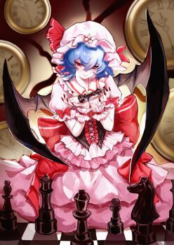 Rule 34 | 1girl, artist request, ascot, back bow, bishop (chess), black corset, blue hair, bow, brown background, chess piece, chessboard, clock, collar, commentary request, corset, fingernails, flower, frilled collar, frilled wrist cuffs, frills, hat, hat flower, hat ribbon, highres, holding, holding chess piece, king (chess), kneeling, knight (chess), long fingernails, looking down, medium hair, pawn (chess), pink hat, pink shirt, pink skirt, puffy short sleeves, puffy sleeves, queen (chess), red ascot, red bow, red eyes, red nails, red ribbon, remilia scarlet, ribbon, shirt, short sleeves, skirt, smile, solo, touhou, touhou project exhibition: harajuku gensoukyou 2025 official, wrist cuffs
