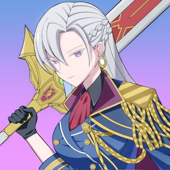 1girl ascot aurelia_le_guin black_gloves blue_dress commentary dress earrings eiyuu_densetsu english_commentary gloves gold_earrings greatsword highres holding holding_sword holding_weapon huge_weapon jewelry kaishain_ichigo long_hair looking_at_viewer over_shoulder purple_ascot purple_eyes sen_no_kiseki sen_no_kiseki_(series) sen_no_kiseki_iii sen_no_kiseki_iv simple_background sword sword_over_shoulder weapon weapon_over_shoulder white_hair