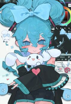 1girl :> ;d @_@ aqua_bow aqua_eyes aqua_hair aqua_nails black_skirt black_sleeves black_socks blue_slippers blush blush_stickers bow cinnamiku cinnamoroll closed_mouth detached_sleeves folded_twintails fuwa_fuwa_cinnamoroll hair_between_eyes hair_bow hair_ornament hairclip hatsune_miku heart highres kaiaik_(zheliakaina) nail_polish number_tattoo one_eye_closed open_mouth sanrio scissors shoulder_tattoo sitting skirt sleeves_past_wrists slippers smile socks tattoo tied_ears updo user_interface v vocaloid wariza