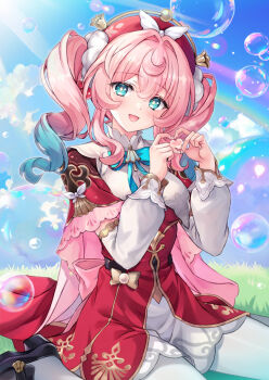 1girl aqua_hair blue_eyes blush breasts bubble commentary_request dress fukase_ayaka gradient_hair hat honkai:_star_rail honkai_(series) hyacine_(honkai:_star_rail) long_hair long_sleeves looking_at_viewer multicolored_hair open_mouth pantyhose pink_hair red_dress red_hat small_breasts smile solo twintails white_pantyhose