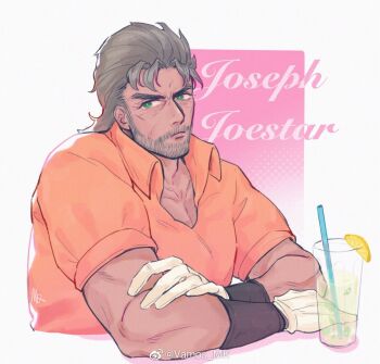 1boy beard ben-day_dots border bracer character_name closed_mouth cup drinking_glass drinking_straw facial_hair food fruit gloves green_eyes grey_hair jojo_no_kimyou_na_bouken joseph_joestar joseph_joestar_(old) lemon lemon_slice looking_at_viewer male_focus old old_man orange_shirt polo_shirt screentones shirt short_hair signature solo stardust_crusaders twitter_username upper_body vamos_mk watermark weibo_username weibo_watermark white_border white_gloves