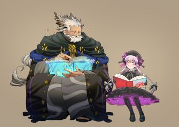 1boy 1girl age_difference beard black_dress black_hat black_pantyhose book braid closed_eyes commentary_request dress facial_hair fate/grand_order fate_(series) full_beard full_body hat highres hikagami_(june_lotus) long_hair looking_at_another mustache nursery_rhyme_(fate) open_book pantyhose ptolemy_(fate) purple_hair reading simple_background sitting smile twin_braids