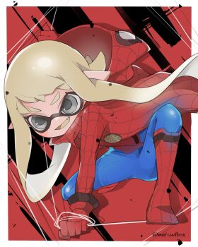 1girl blonde_hair blue_bodysuit blue_pants bodysuit border cosplay fangs full_body gloves highres holding holding_string inkling inkling_girl inkling_player_character long_hair marvel matsushita_(matsudbox) nintendo open_mouth pants pointy_ears red_background red_bodysuit red_gloves smile solo spider-man spider-man_(cosplay) spider-man_(series) splatoon_(series) string superhero_costume white_border yellow_eyes