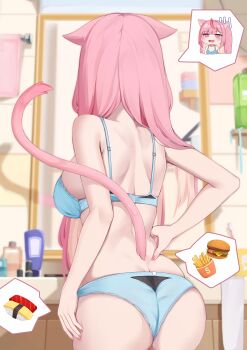 1girl absurdres animal_ears back blue_bra bra breasts burger cat_ears cat_tail cet_(hajisirazunoko) commentary_request food from_behind highres indie_virtual_youtuber large_breasts long_hair looking_at_mirror mirror nail_polish open_mouth pink_eyes pink_hair pink_nails speech_bubble tail underwear virtual_youtuber yuuki_sakuna
