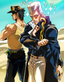 2boys anzumame blue_eyes cosplay costume_switch desert flattop grey_hair hat jean_pierre_polnareff jojo_no_kimyou_na_bouken kuujou_joutarou long_coat multiple_boys sparkle sweat