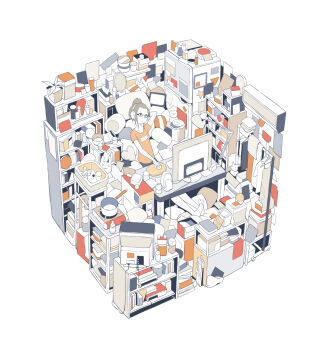 1girl arm_up barefoot book book_stack brown_hair chopsticks clutter collarbone computer computer_mouse computer_tower cup desk desk_lamp faucet female_focus glasses gun headphones hebitsukai highres indoors lamp limited_palette looking_away mirror monitor original paper pillow plant pot potted_plant refrigerator shelf sink sitting solo star_(symbol) television weapon