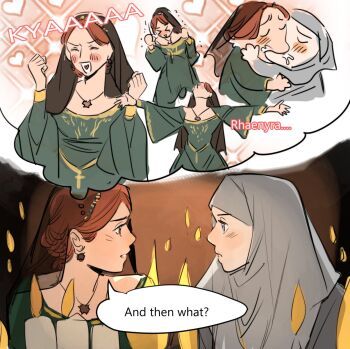 2girls a_song_of_ice_and_fire alicent_hightower black_veil blue_eyes blush blush_stickers brown_eyes candle candlelight closed_eyes english_text habit highres house_of_the_dragon imagining jewelry looking_at_another meme milfcookiesimp multiple_girls necklace nun red_hair rhaenyra_targaryen speech_bubble veil yoshi_and_toad_kissing_(meme) yuri