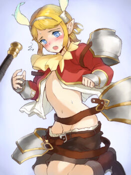 1boy androgynous armor belt blonde_hair blue_eyes blush character_request clothes_pull elminage elminage_2 hair_ornament headband kon_(pixiv14279210) male_focus multiple_belts navel open_mouth shorts shoulder_armor solo stomach surprised sweat tearing_up trap