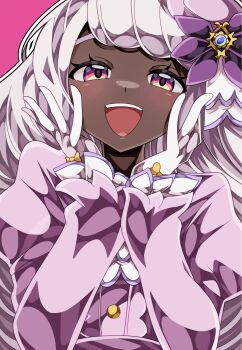 1girl braid dark-skinned_female dark_skin dress flower gloves hair_flower hair_ornament highres jacinthe_(pokemon) long_hair looking_at_viewer nintendo open_mouth pink_background pokemon pokemon_legends:_z-a purple_dress purple_hair shiki_(kisikisi1007) single_braid smile solo teeth upper_body upper_teeth_only very_dark_skin white_gloves yellow_eyes