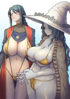 2girls absurdres bikini black_hair breasts cape curvy doll_joints elden_ring giyouza gold_bikini hat highres huge_breasts joints long_hair looking_at_viewer multiple_girls navel ranni_the_witch simple_background sorceress_sellen stomach swimsuit thigh_gap white_background white_hat