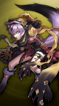 1girl angry animal_feet animal_hands animal_nose black_gloves blue_eyes breasts clenched_teeth gloves gradient_background hood hood_up paw_gloves paw_shoes purple_hair ribbon scarf solo tail tail_raised teeth v-shaped_eyebrows yellow_background