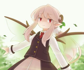 1girl artist_logo bow brown_skirt brown_vest commentary crescent crescent_hair_ornament estania fairy_wings green_background green_wings hair_bow hair_ornament jitome kitagawa_suigetsu leaf leaf_hair_ornament logo long_hair long_sidelocks looking_at_viewer low_ponytail necktie original pink_hair pink_skirt ponytail red_eyes red_necktie shirt sidelocks skirt solo untranslatable_commentary vest white_bow white_shirt white_skirt wings