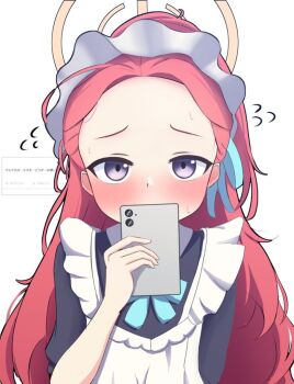 1girl apron black_dress blue_archive blush commentary dress flying_sweatdrops forehead frilled_apron frills halo holding holding_phone iggy@cafe long_hair looking_at_viewer maid maid_apron maid_headdress official_alternate_costume orange_halo phone puffy_short_sleeves puffy_sleeves purple_eyes red_hair short_sleeves solo sweatdrop very_long_hair white_apron white_background yuzu_(blue_archive) yuzu_(maid)_(blue_archive)