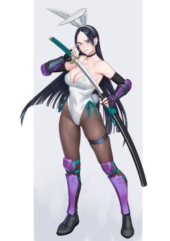1girl animal_ears arm_guards black_eyes black_hair blush breasts brown_pantyhose closed_mouth earrings fake_animal_ears fake_tail full_body glasses highres holding holding_sheath holding_sword holding_weapon jewelry katana large_breasts leotard long_hair looking_at_viewer notched_ear original pantyhose playboy_bunny rabbit_ears rabbit_tail sheath simple_background skindentation solo standing strapless strapless_leotard stud_earrings sword tail thigh_strap unsheathing weapon yuuji_(and)