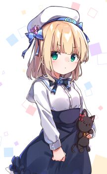 1girl absurdres black_bow blonde_hair blue_dress blunt_bangs blush bow bowtie buttons cat_teaser child closed_mouth cube dress expressionless green_eyes hat high-waist_skirt highres holding holding_toy long_sleeves looking_at_viewer low_twintails multicolored_eyes original sailor school_uniform serafuku short_hair simple_background skirt solo toy twintails white_background white_hat white_skirt zoirun