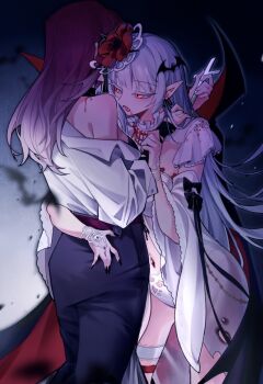 2girls alternate_ears bandaged_arm bandages bat_hair_ornament bite_mark black_bandages black_cape black_nails blood blood_from_mouth blood_on_shoulder bridal_gauntlets burnt_clothes cape chinese_commentary collar collared_cape commentary coquelic_(path_to_nowhere) cross crucifix detached_sleeves blood_drip fang fingernails flower frilled_collar frills gem gradient_hair guapihuang833 hair_flower hair_ornament hand_on_another&#039;s_ass hand_on_another&#039;s_shoulder heads_together highres hobble_skirt holding holding_another&#039;s_wrist holding_cross hug lingerie long_hair multicolored_hair multiple_girls mutual_hug navel_piercing nightgown panties path_to_nowhere piercing pointy_ears poppy_(flower) purple_hair red_eyes red_flower red_gemstone revealing_clothes ribbon_earrings shalom_(path_to_nowhere) sharp_fingernails shirt single_bare_shoulder single_off_shoulder thigh_strap two-sided_cape two-sided_fabric underwear vampire very_long_hair white_hair white_panties white_shirt