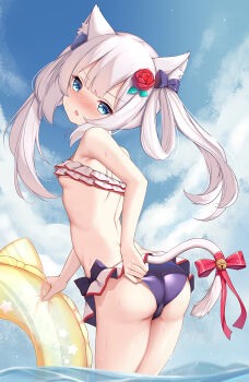 1girl adjusting_clothes adjusting_swimsuit animal_ears aqua_eyes ass azur_lane bare_back blue_sky blunt_bangs blush bow breasts cat_ears cat_girl cat_tail cloud cloudy_sky commentary_request eyes_visible_through_hair flower from_behind hair_flower hair_ornament hammann_(azur_lane) hammann_(rebellious_summer)_(azur_lane) head_tilt highres holding holding_swim_ring horizon in_water innertube irokari long_hair looking_at_viewer looking_back ocean official_alternate_costume parted_lips ribbon rose sidelocks sky small_breasts solo swim_ring swimsuit tail tail_bow tail_ornament tail_ribbon twintails underboob wading wet wet_clothes wet_swimsuit white_hair