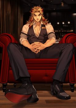 1boy alternate_costume arm_belt belt black_belt black_pants black_shoes black_socks black_vest blonde_hair blurry chair closed_mouth collarbone collared_shirt contemporary couch forked_eyebrows full_body hashimoto_(yanagi-momo) highres indoors interlocked_fingers kimetsu_no_yaiba long_hair long_sleeves looking_at_viewer male_focus multicolored_hair muscular muscular_male name_tag night on_couch open_collar own_hands_together pants partially_unbuttoned pectoral_cleavage pectorals red_eyes red_hair rengoku_kyoujurou shirt shoes sitting sleeves_rolled_up smile socks solo spread_legs streaked_hair thick_eyebrows two-tone_hair vest white_shirt yellow_eyes