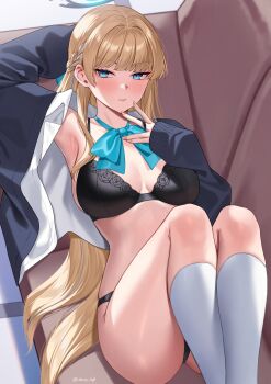 1girl absurdres black_bra black_panties blonde_hair blue_archive blue_eyes blue_jacket blush bow bowtie bra braid breasts cleavage collared_shirt couch deras halo highres jacket kneehighs long_hair long_sleeves looking_at_viewer lying medium_breasts on_back open_clothes panties shirt socks solo thighs toki_(blue_archive) toki_(school_uniform)_(blue_archive) underwear white_shirt