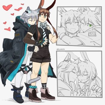 2girls ^_^ amiya_(act_2)_(arknights) amiya_(act_ii)_(arknights) amiya_(arknights) animal_ears argyle_clothes argyle_socks arknights black_cape black_footwear black_gloves black_shirt black_shorts black_socks blue_eyes boots brown_footwear brown_hair cape cat_ears cat_girl cat_tail closed_eyes dlanon dress elbow_gloves fingerless_gloves gloves green_eyes grey_dress hand_on_another&#039;s_shoulder happy heart holding_hands hood hood_down hooded_cape hug hug_from_behind jewelry multiple_girls necktie pantyhose rabbit_ears rabbit_girl ring rosmontis_(arknights) shirt shorts sidelocks smile socks striped_clothes striped_necktie striped_shirt sweatdrop tail tail_around_another&#039;s_leg tail_wrap white_pantyhose yuri