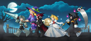 2girls 3boys absurdres android armor assault_visor bass_(mega_man) black_armor black_helmet blonde_hair blue_eyes bow broom broom_riding brown_gloves cape chest_jewel clenched_hands closed_mouth company_connection cosplay crown diegodoodles dress earrings facial_mark fang forehead_jewel from_side full_armor full_body gloves glowing glowing_eyes green_eyes halloween hands_in_pockets hat hat_bow hat_ribbon helmet highres holding holding_polearm holding_scythe holding_weapon jewelry kalinka_cossack_(mega_man) knight lance long_hair low_ponytail makaimura mega_man_(character) mega_man_(classic) mega_man_(series) mob_cap moon multiple_boys multiple_girls necklace open_mouth pearl_earrings pearl_necklace pointy_ears polearm ponytail proto_man purple_dress purple_hat red_eyes ribbon robot roll_(mega_man) scythe shoulder_armor siblings sir_arthur_(makaimura) sir_arthur_(makaimura)_(cosplay) smile sunglasses teeth upper_teeth_only vampire weapon white_dress white_gloves witch witch_hat