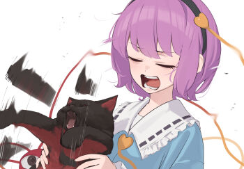 1girl afterimage animal animalization black_cat black_hairband blue_shirt buttons cat closed_eyes collared_shirt commentary eyeball facing_viewer frilled_shirt_collar frills hair_ornament hairband heart heart_button heart_hair_ornament holding holding_animal holding_cat kaenbyou_rin kaenbyou_rin_(cat) kanpa_(campagne_9) komeiji_satori looking_at_viewer open_mouth pink_eyes pink_hair ribbon-trimmed_collar ribbon_trim shirt simple_background tantrum teeth third_eye touhou white_background