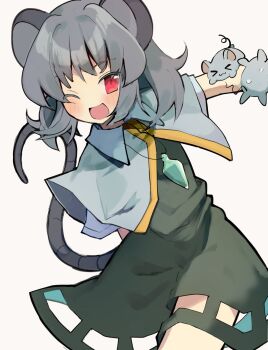 1girl animal_ears capelet grey_capelet grey_hair hair_between_eyes highres jewelry mouse_(animal) mouse_ears mouse_girl mouse_tail nazrin one_eye_closed open_mouth pendant red_eyes short_hair tail touhou tungsten_mochoo white_background