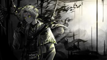 1boy a_certain_sinclair_(project_moon) arm_at_side aura belt bird bird_on_hand buckle bulletproof_vest claymore_(sword) coat dark_aura facial_mark forehead_mark glowing glowing_eyes halberd hand_up highres jewelry layered_shirt layered_sleeves limbus_company long_hair long_sleeves looking_at_animal low_ponytail male_focus monochrome_background muted_color necklace open_clothes open_coat parted_lips pendant polearm ponytail project_moon shirt sidelighting sinclair_(project_moon) solo trench_coat turtleneck turtleneck_shirt undershirt upper_body weapon weapon_on_back white_mouth yellow_eyes zio_444