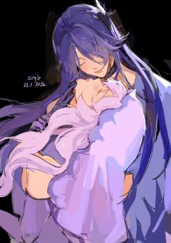 acheron_(honkai:_star_rail) bare_shoulders black_choker black_gloves black_swan_(honkai:_star_rail) breasts choker cirqlr cleavage coat commentary couple english_commentary gloves hair_over_one_eye highres honkai:_star_rail honkai_(series) large_breasts long_hair midriff multicolored_hair multiple_girls navel purple_eyes purple_hair purple_veil shorts single_bare_shoulder streaked_hair tailcoat veil very_long_hair white_coat yuri