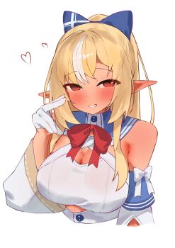 1girl absurdres blonde_hair blush breasts cleavage cleavage_cutout clothing_cutout commentary_request dark-skinned_female dark_elf dark_skin dress elf gloves halterneck highres hololive large_breasts long_hair multicolored_hair pointy_ears ponytail red_eyes shiranui_flare shiranui_flare_(1st_costume) smile solo streaked_hair tepenchi very_long_hair virtual_youtuber white_dress white_gloves white_streaks