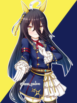 Rule 34 | 1girl, ahoge, animal ears, ascot, belt, black hair, black pantyhose, blue jacket, blush, breasts, brown belt, buttons, calstone light o (one true path) (umamusume), calstone light o (umamusume), calstone light o (umamusume) (cosplay), closed mouth, commentary request, cosplay, double-breasted, ear covers, frown, gloves, hair between eyes, highres, horse ears, horse girl, horse tail, jacket, long bangs, long hair, long hair between eyes, long sleeves, looking at viewer, manhattan cafe (umamusume), multicolored hair, pantyhose, red ascot, shorts, shorts under skirt, skirt, solo, tail, umamusume, very long hair, white gloves, white hair, white shorts, yellow eyes, yuusen (aenka)