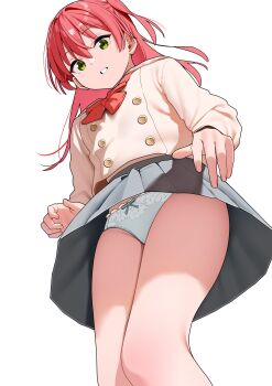 1girl absurdres bocchi_the_rock! bow bowtie buttons commentary_request double-breasted from_below green_eyes grey_skirt highres kita_ikuyo long_hair magurotatakighn panties parted_lips red_bow red_bowtie red_hair school_uniform shuka_high_school_uniform simple_background skirt solo thighs underwear upskirt white_background white_panties