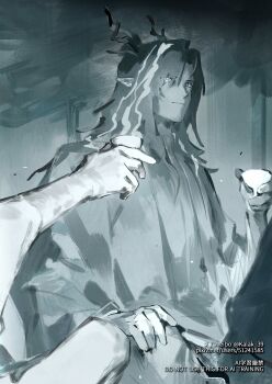 1boy 1other arknights choko_(cup) commentary cup dragon_boy dragon_horns greyscale highres holding holding_cup hood hood_up horns kalak_39 long_hair male_focus monochrome out_of_frame pointy_ears sitting solo_focus twitter_username wang_(arknights)