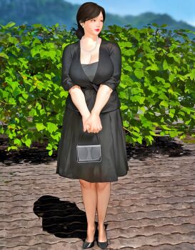 1girl bag black_dress black_footwear black_hair breasts cleavage day dress earrings full_body hair_bun handbag high_heels holding holding_bag jewelry kill_the_king large_breasts lipstick makeup mature_female mole necklace outdoors own_hands_together pearl_necklace shadow single_hair_bun skirt solo standing