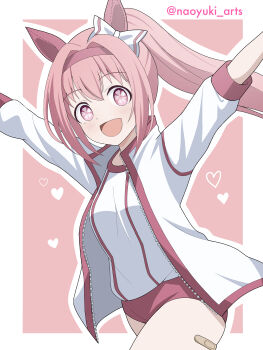 1girl absurdres animal_ears arms_up bandaid bandaid_on_leg blush bow breasts buruma commentary_request ear_bow ear_covers flower-shaped_pupils flower_in_eye hairband haru_urara_(umamusume) headband heart highres horse_ears horse_girl jacket long_hair looking_at_viewer naoyuki_arts open_mouth pink_buruma pink_eyes pink_hair pink_headband ponytail red_buruma red_headband shirt small_breasts smile solo symbol-shaped_pupils symbol_in_eye umamusume white_jacket white_shirt