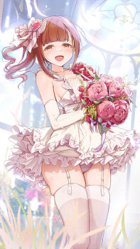 1girl :d blunt_bangs bouquet breasts bridal_gauntlets brown-eared_bulbul brown_hair commentary_request dress flower garter_straps gloves hair_ornament hair_ribbon heart heart_hair_ornament highres holding holding_bouquet idolmaster idolmaster_cinderella_girls igarashi_kyoko looking_at_viewer mk_(mod0) open_mouth panties pink_flower pink_rose ribbon rose small_breasts smile solo_focus stained_glass standing thighhighs underwear white_dress white_garter_straps white_gloves white_thighhighs