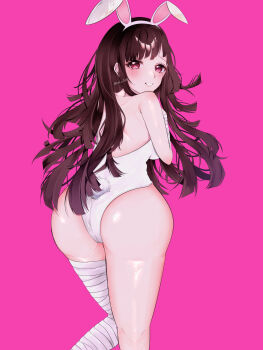 1girl animal_ear_hairband animal_ears ass bandaged_leg bandages blush brown_hair commentary_request danganronpa_(series) danganronpa_2:_goodbye_despair eyelashes fake_animal_ears fake_tail hairband highres leotard long_hair looking_back o_soba_(soba3ly) pink_background pink_eyes playboy_bunny rabbit_ear_hairband rabbit_ears rabbit_tail shiny_skin simple_background smile solo strapless strapless_leotard tail thick_thighs thighs tsumiki_mikan white_leotard