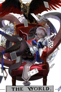 Rule 34 | 1girl, apron, artist request, bad source, bird, black pantyhose, black shoes, blue dress, blue eyes, blue ribbon, book, combat helmet, dress, eagle, eight of spades, english text, five of hearts, gears, gloves, grey hair, grin, hair between eyes, helmet, high heels, highres, holding, holding book, holster, izayoi sakuya, leg up, looking at viewer, maid headdress, medium hair, pantyhose, pickelhaube, ribbon, second-party source, shoes, sitting sideways, smile, snake, solo, tarot, the world (tarot), thigh holster, throne, touhou, two of hearts, unworn shoes, white apron, white gloves