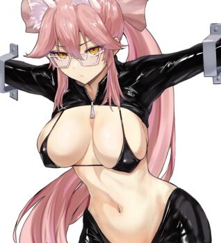 1girl animal_ear_fluff animal_ears bikini black_bikini black_hiphighs black_shrug blush bow breasts cleavage fate/grand_order fate_(series) fox_ears fox_girl glasses hair_between_eyes hair_bow hiphighs koyanskaya_(assassin)_(first_ascension)_(fate) koyanskaya_(fate) kugiseiichi large_breasts long_hair long_sleeves looking_at_viewer navel pink_bow pink_hair ponytail restrained shrug_(clothing) sidelocks solo swimsuit thighs yellow_eyes