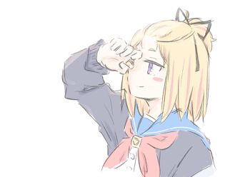 1girl bangs_pinned_back black_cardigan black_ribbon blonde_hair blue_sailor_collar blush_stickers cardigan flip_flappers hair_ribbon light_smile multicolored_hair neckerchief nick150iso pink_neckerchief pink_streaks profile purple_eyes ribbon sailor_collar school_uniform serafuku shading_eyes solo streaked_hair yayaka