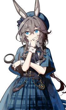 1girl amiya_(arknights) animal_ear_fluff animal_ears arknights blue_cape blue_eyes blue_hat blue_skirt brown_hair cape closed_mouth collared_shirt cowboy_shot double-parted_bangs hair_between_eyes hat highres holding holding_magnifying_glass jewelry long_hair looking_to_the_side magnifying_glass migolu plaid_clothes plaid_skirt pleated_skirt rabbit_ears rabbit_girl ring shirt simple_background skirt solo white_background white_shirt wrist_cuffs