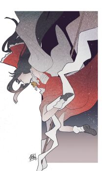 1girl ascot bare_shoulders black_hair black_shoes bow chest_sarashi detached_sleeves expressionless floating gohei hakurei_reimu hashtag-only_commentary highres holding holding_gohei long_hair red_bow red_shirt red_skirt sarashi shirt shoes signature skirt sleeveless sleeveless_shirt socks sokura_(mochichitose) solo touhou white_socks yellow_ascot