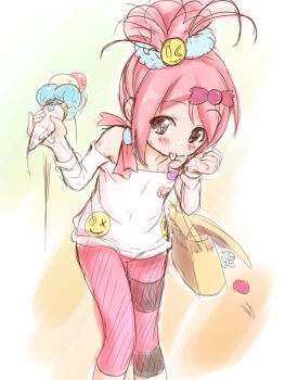 Rule 34 | bag, bare shoulders, black eyes, blush, flat chest, food, ice cream, jdark, jewelpet (series), jewelpet kira deco!, oomiya pink, pants, pink hair, sanrio, smile, striped clothes, striped pants, tongue, tongue out