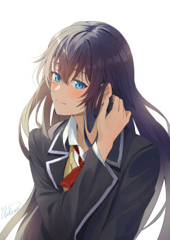 1girl absurdres adjusting_hair black_hair black_jacket blazer blue_eyes blush chakuma_(yiyh1468) closed_mouth commentary hand_up highres jacket long_hair long_sleeves looking_at_viewer neck_ribbon red_ribbon ribbon school_uniform signature simple_background sobu_high_school_uniform solo upper_body white_background winter_uniform yahari_ore_no_seishun_lovecome_wa_machigatteiru. yukinoshita_yukino