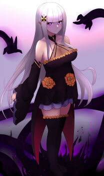 1girl absurdres aura black_thighhighs blunt_bangs breasts bright_pupils dark_aura detached_sleeves dress expressionless flower hair_ornament highres looking_at_viewer medium_breasts multiple_hands re:zero_kara_hajimeru_isekai_seikatsu relpama satella_(re:zero) solo standing star_(symbol) star_hair_ornament thighhighs thighs yellow_flower