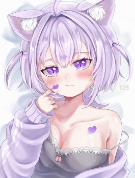 1girl absurdres ahoge animal_ear_fluff animal_ears black_camisole blush breasts camisole cat_cutout cat_ears cat_girl chest_tattoo cleavage cleavage_cutout clothing_cutout facial_tattoo highres hololive jacket large_breasts lying medium_hair nekomata_okayu nekomata_okayu_(membership) official_alternate_costume official_alternate_hairstyle on_back purple_eyes purple_hair purple_jacket shiratori_(atfs8447) solo tattoo two_side_up virtual_youtuber