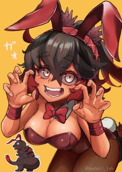 Rule 34 | 1girl, absurdly long tail, absurdres, animal ears, black hair, bow, bowtie, breasts, cleavage, cosplay, dual persona, fake animal ears, fake tail, godzilla, godzilla (cosplay), godzilla (series), godzilla (shin), godzilla (shin) (cosplay), grey eyes, hanging breasts, headband, highres, humanization, japanese text, kaiju, leotard, looking at viewer, mahari lab, medium breasts, monster, monster girl, multicolored hair, open mouth, pantyhose, personification, playboy bunny swimsuit, rabbit tail, red hair, revealing clothes, shin godzilla, simple background, spines, tail, teeth, toho, tongue, two-tone hair, veins, veiny spikes, very long tail, white eyes, yellow background